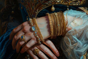 Closeup of a womans hand wearing gold and gemstone jewelry