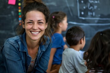 Fototapeta premium Smiling teacher in a classroom with students