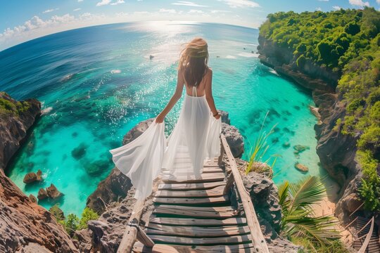 Woman in white dress descends cliffside wooden steps to turquoise lagoon in nusa dua