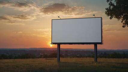 Blank billboard on the field. Marketing Billboard. Empty Outdoor billboard against a Sunset Sky. Mockup Design Template.