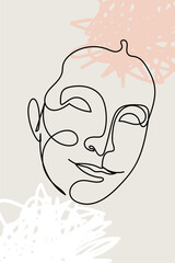 Card or poster with one single line drawing of female face and abstract shapes. Monochrome minimalist portrait. Modern trendy fashion sketch of woman head