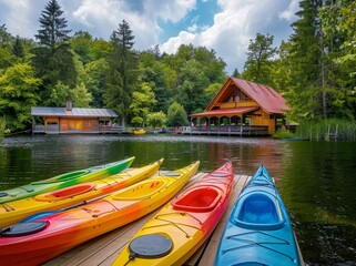 Fototapeta premium A row of colorful kayaks line the dock at the lake, surrounded by lush greenery and clear turquoise waters in summer. A wooden house can be seen nearby. Leisure vacation concept
