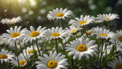Fototapeta premium White Chamomile flower field against a blurred natural background.