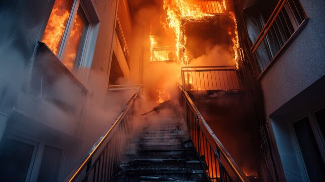A fire is burning in a building with a staircase
