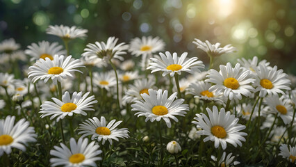 Obraz premium White Chamomile flower field against a blurred natural background.
