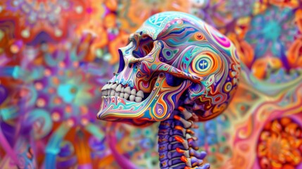 Obraz premium Vibrant psychedelic skull artwork featuring intricate and colorful designs, creating a visually captivating and imaginative fantasy scene.