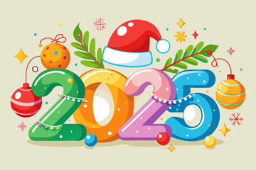 Naklejka premium Colorful '2025' with a Santa hat and Christmas decorations. Festive '2025' vector design element perfect for New Year celebrations and holiday cheer, greeting card, post card template.