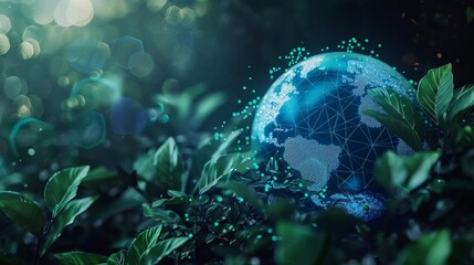 Fototapeta premium 3D Environment Day themed tech scene of a 3d Globe in a dark blue and cyan themed digital blockchain themed ecosystem, surround by few green leaves, minimal