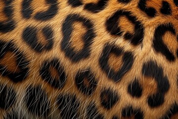 A macro photograph captures the intricate detail of a leopard's coat, showcasing the characteristic black rosettes against the orange-brown fur.
