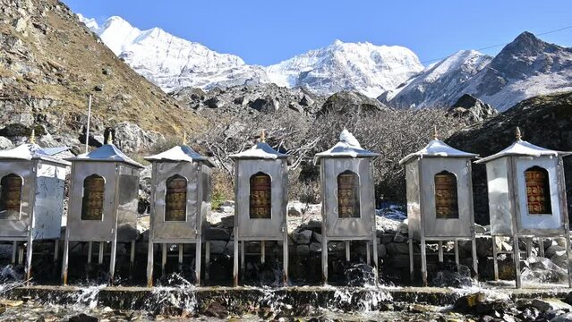 Water powered prayer wheel on the way to Kyangjin Kharka village in Langtang National park in Nepal.