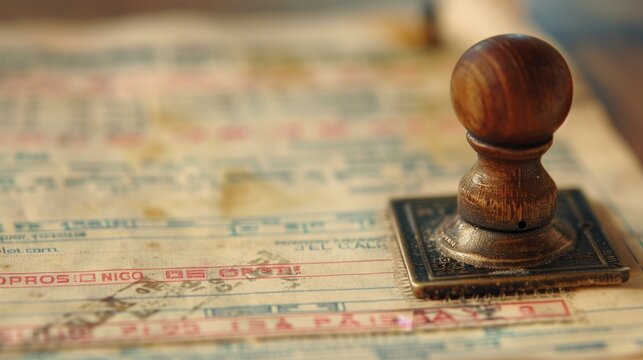Image shows a document with a round wooden stamper on it.