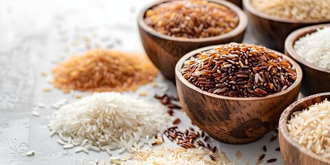 Variety of Rice Types in Wooden Bowl on White Background - Healthy Food Option. Concept Rice Types, Healthy Eating, Wooden Bowl, White Background, Food Photography