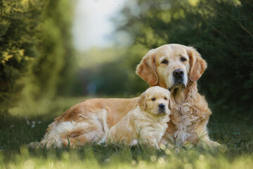 small dog golden retriever labrador puppy in the park in the summer for a walk. dog is best friend. golden retriever puppy 1 month