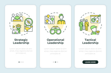Levels of army leadership onboarding mobile app screen. Walkthrough 3 steps editable graphic instructions with linear concepts. UI, UX, GUI template. Montserrat SemiBold, Regular fonts used