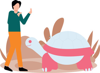 The boy is looking at the turtle.