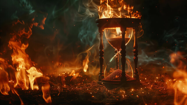 hourglass engulfed in flames with sand running out and dramatic lighting