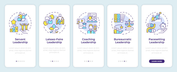 Styles of leadership onboarding mobile app screen. Walkthrough 5 steps editable graphic instructions with linear concepts. UI, UX, GUI template. Montserrat SemiBold, Regular fonts used