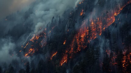 Obraz premium A forest fire is raging through a mountain range, with smoke