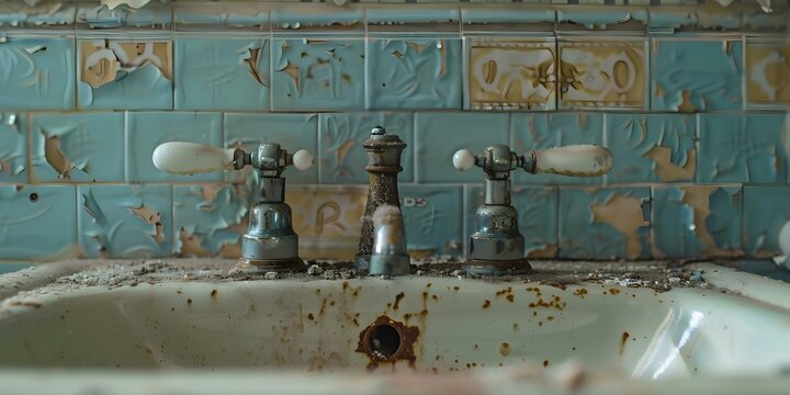 Neglected rural bathroom with leaking faucets and peeling wallpaper in the countryside. Concept Rural Bathroom, Leaking Faucets, Peeling Wallpaper, Neglected Interior, Countryside Setting