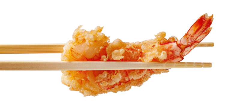 chopsticks holding fried shrimp isolated on a transparent background