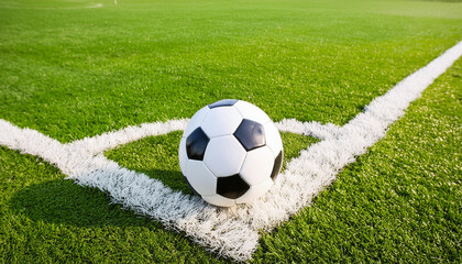 Soccer Football on Corner kick line of ball and a soccer field , football field, close-up