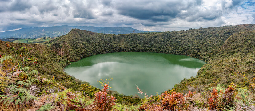 Lake Guatavita (Laguna Guatavita) located in the Cordillera Oriental of the Colombian Andes. Sacred site of the native Muisca Indians. Cundinamarca department, Colombia wilderness landscape.