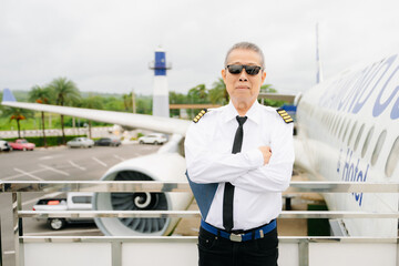 Asian Confident male pilot in uniform leaning at the passenger seat while standing inside of the airplane flight cockpit during takeoff © Nuttapong punna