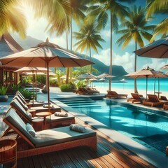 Fototapeta premium Tropical Poolside Relaxation With Lounge Chairs And Umbrellas
