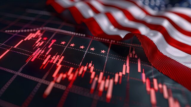 Financial crisis. Decrease in US stock values. Downturn in America's GDP growth. Descending graph against the backdrop of the USA flag. Economic downturn in America. Metaphor for US dollar inflation