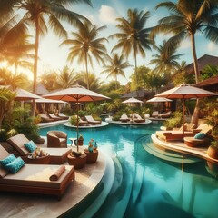 Fototapeta premium Tropical Poolside Relaxation With Lounge Chairs And Umbrellas