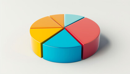 Colorful 3D pie chart divided into six segments, representing data visualization and business analytics on a white background.