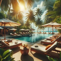 Fototapeta premium Tropical Poolside Relaxation With Lounge Chairs And Umbrellas