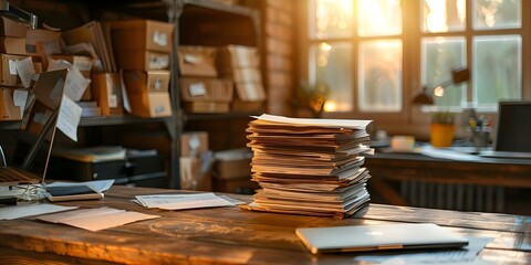 Selective Focus on Messy Desk with Blurred Paper Pile in Background. Concept Selective Focus, Messy Desk, Blurred Background, Paper Pile, Office Space