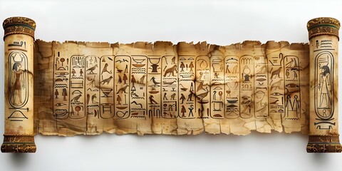 Ancient Egyptian hieroglyphics on textured papyrus scroll displayed against a white background. Concept Ancient Egypt, Hieroglyphics, Papyrus Scroll, Textured Background, White Display