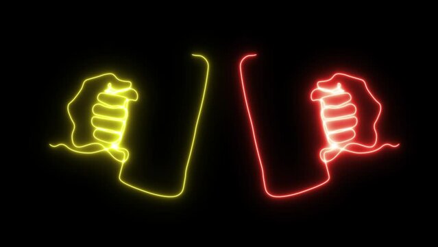 Self drawing animation one continuous line draw, logo,Abstract hand with two mugs, glass beer,neon luminous sign