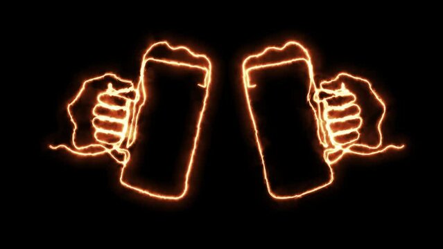 Self drawing animation one continuous line draw, logo,Abstract hand with two mugs, glass beer,Blazing  flame, energy, fire