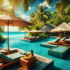 Fototapeta premium Tropical Poolside Relaxation With Lounge Chairs And Umbrellas