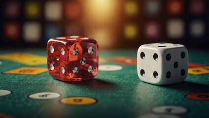 Two dice on the background of board game boxes Dice games for kids, tweens and adults.