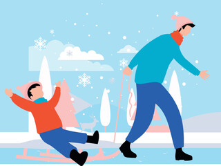 A boy is carrying a child on a sleigh.