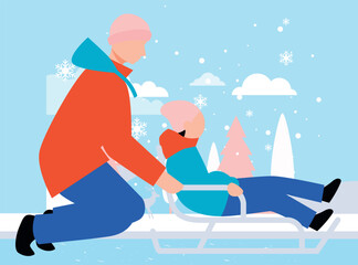 A boy is carrying a child on a sleigh.