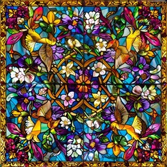 A stained glass window with birds and flowers