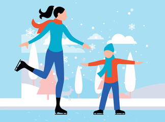 Girl and boy are ice skating.