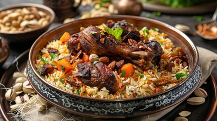 Saudi Arabian national dish Kabsa spiced rice chicken lamb vegetables nuts