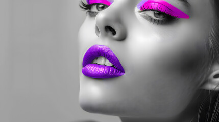 Obraz premium Portrait of a young stunning woman with neon eyelids and lips painted neon lilac, as a focal point against a monochrome photo background