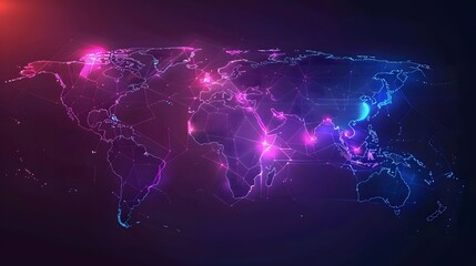 Obraz premium A minimalist world map with stark neon contrasts highlighting the leading nations in nanotechnology research and application, visualized in minimalist art.