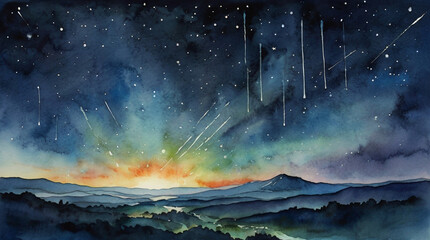 Watercolor painting: A meteor shower streaking across the night sky, its fleeting beauty and cosmic origins a captivating celestial event,