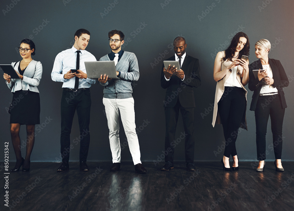 Poster business people, mobile and tech in row, hr and company as web developer in digital agency for netwo