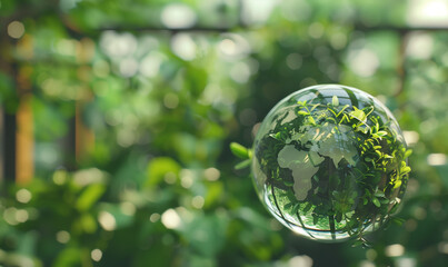 Pianeta Terra di vetro. Sfondo verde per presentazione. Spazio per messaggi. Abbiamo cura del nostro pianeta.