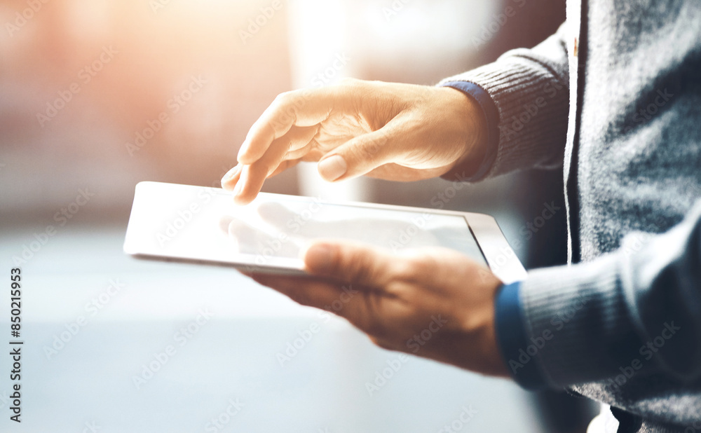 Aufkleber design, hands and tablet with business person closeup in office for administration or information. r