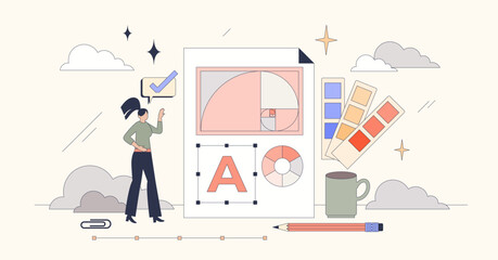 Design principles for company identity tiny person neubrutalism concept. Create color spectrum for logo, font and business style with modern layout vector illustration. Basic website visual work.